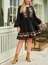 Load image into Gallery viewer, Plus Size Bell Sleeve Floral Embroidered Mini Dress