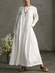 Cotton and Linen Casual Long-sleeved Dress