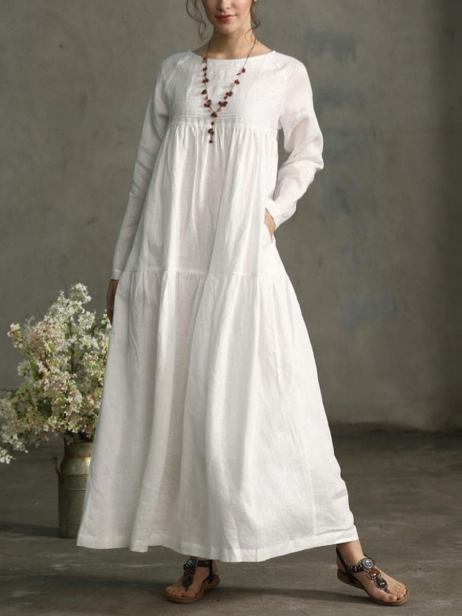 Cotton and Linen Casual Long-sleeved Dress