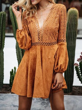 Load image into Gallery viewer, Bohemian Open Back Lace Long Bell Sleeve Mini Dress