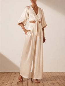 Fashion Solid Color Single Breasted Wide Leg Pants Suit