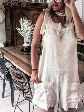 Cotton Solid Casual Boho Holiday Jumesuit with Pockets