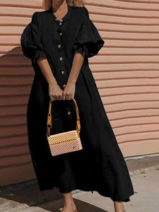 Solid Color Casual Middle Sleeve Button Puff Sleeve Maxi Dress