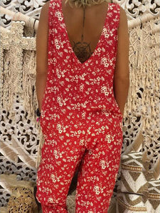 V-Neck Bohemian Casual Loose Floral Jumpsuit