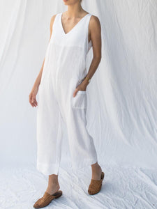 Women V-neck Sleeveless Loose Linen Jumpsuit