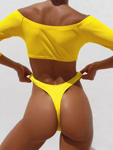 Sexy Off The Shoulder Halflong Sleeve Pure Colour Bikini Swimwear