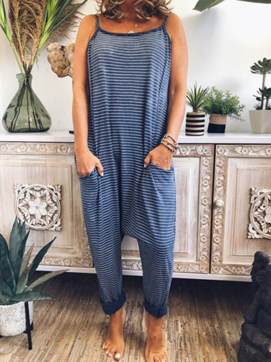 Strap Solid Color Striped Jumpsuit