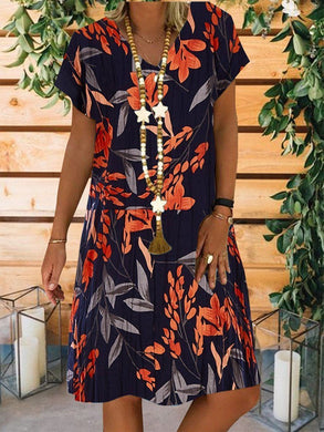 Women Short Sleeve V-Neck Floral Printed Pockets Midi Dress