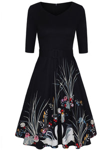 V-Neck Print Retro Large-Sleeve Temperament Dress