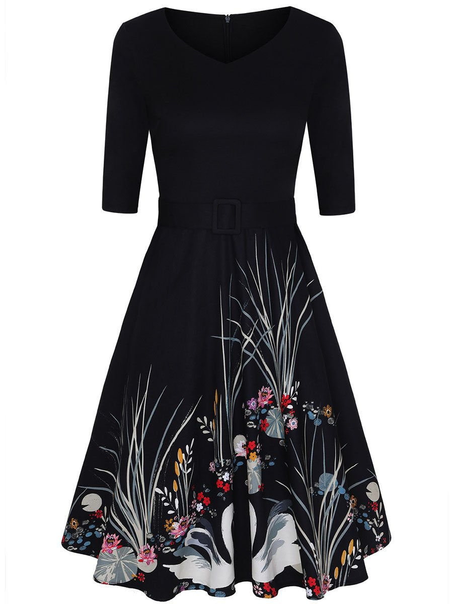 V-Neck Print Retro Large-Sleeve Temperament Dress