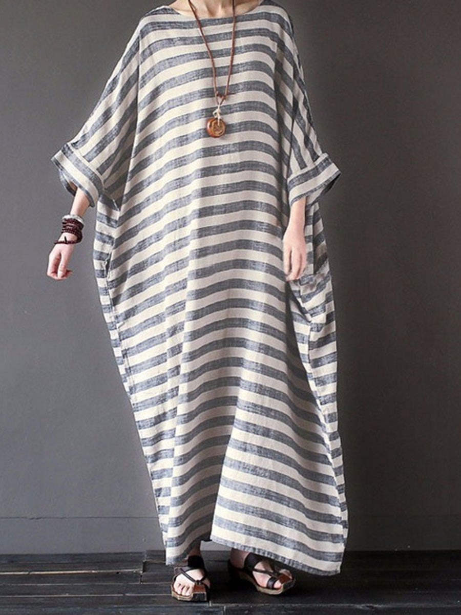 Vintage Cotton and Linen Striped Robes Literary Loose Long Dress