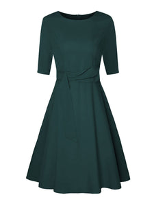 Round Neck Sleeves with Waistband Dress Retro Temperament Slim Skirt