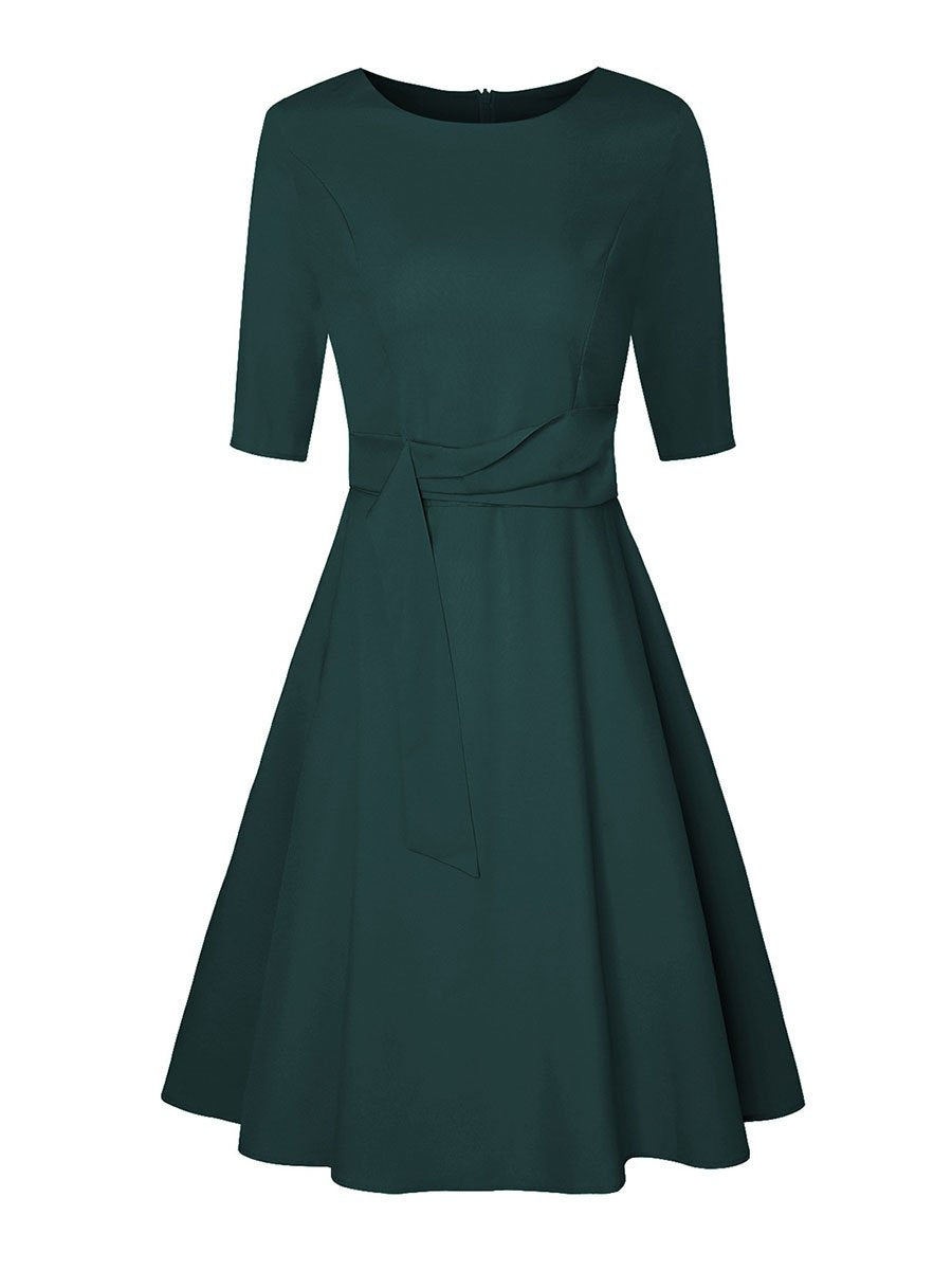 Round Neck Sleeves with Waistband Dress Retro Temperament Slim Skirt