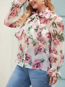 Plus Size Floral Print Tie Neck Sheer Blouse