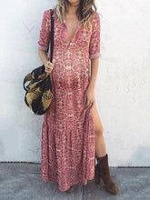 Load image into Gallery viewer, Maternity Bohemian Printing Deep V Forked Dress