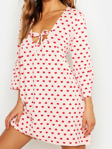 Heart Print Tie Detail Smock Dress