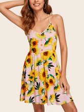 Load image into Gallery viewer, Backless Tie Back Slip Sunflower Print Button Mini Dress