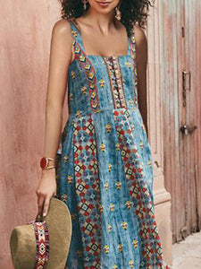 Vintage Sling Print Dress Sleeveless Boho Maxi Dress