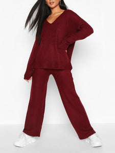 Loose Casual V-Neck Long Sleeve Top Wide Leg Pants Knitted Suit