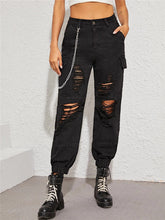 Load image into Gallery viewer, Flap Pocket Side Ripped Cargo Jeans With Chain