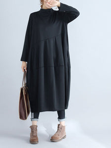 Vintage High Neck Cotton and Linen Stitching Long Sleeve Dress