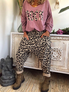 Casual Loose Long Sleeve T-Shirt Pants Leopard Set