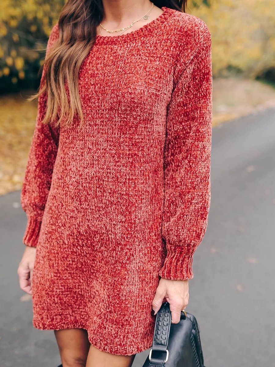 Solid Knit Round Neck Mini Dress