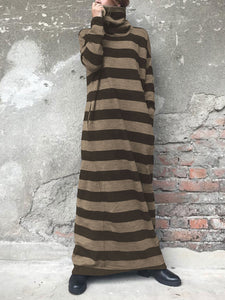 Loose Casual Turtleneck Long Sleeve Pocket Striped Maxi Dress