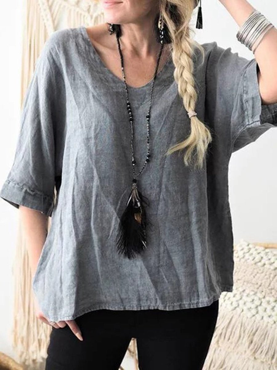 Cotton and Linen Short-sleeved V-neck Casual Top