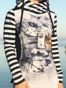 Striped Printed Hooded Long Sleeve Sweatshirt