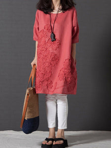 Literary Loose Embroidered Cotton and Linen Dress