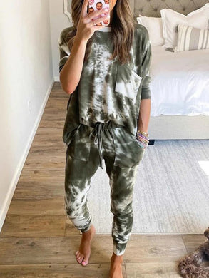 Simple Casual Loose Round Neck Long Sleeve Top Pants Tie Dye Suit