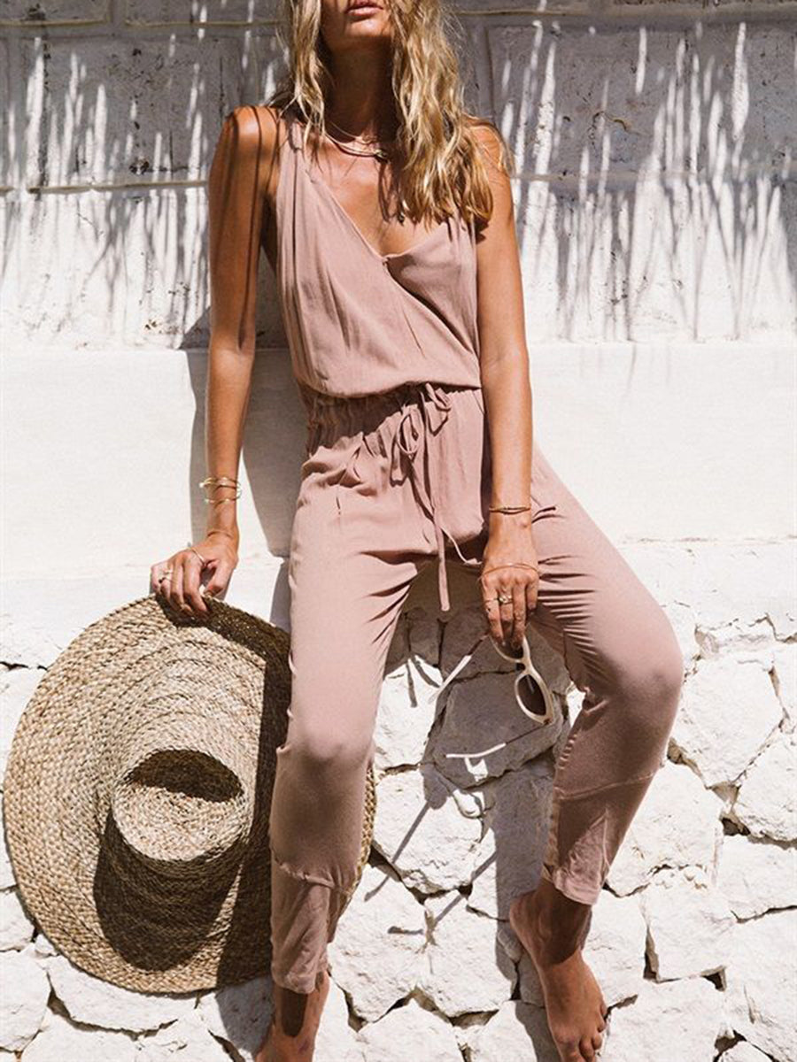 Sexy Sling V-Neck Solid Casual Jumpsuit