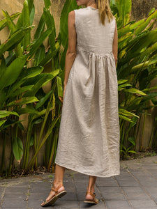 Women Linen Dress Casual V-neck Sleeveless Maxi Dress