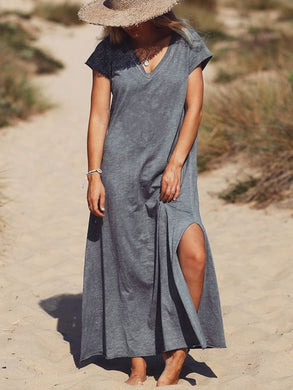 V Neck Solid Cotton Casual Maxi Dresses