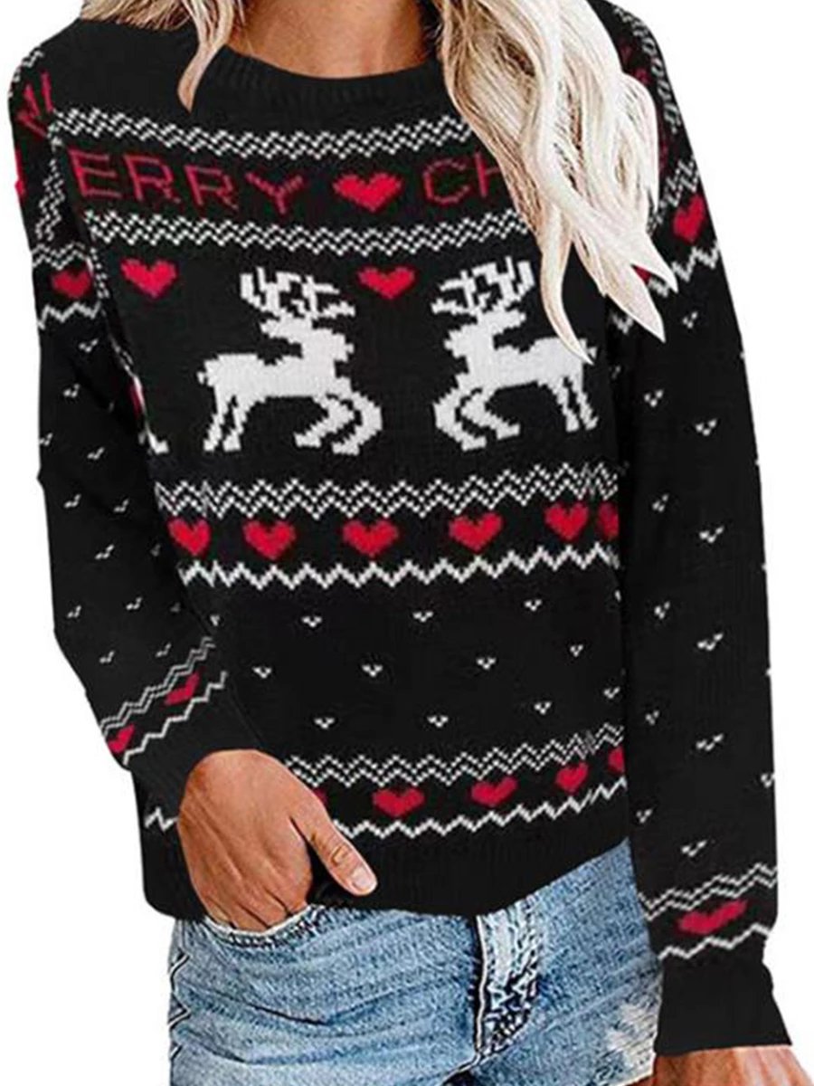 Christmas Elk Print Knit Sweater