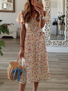 Casual Floral Lace Up V-Neck Dress