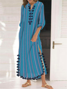 Stylish Casual Striped Slit V Neck Maxi Dresses