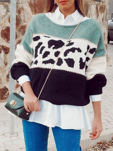 Casual Three-color Mosaic Leopard Sweater