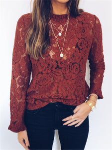 Sexy Hollow Half-High Neck Long Sleeve Blouse