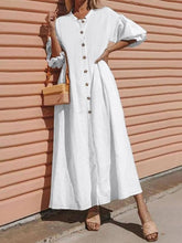 Load image into Gallery viewer, Solid Color Casual Middle Sleeve Button Puff Sleeve Maxi Dress