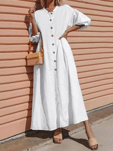 Solid Color Casual Middle Sleeve Button Puff Sleeve Maxi Dress