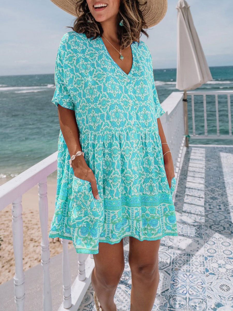 V Neck Printed Loose Boho Mini Dress with Pockets